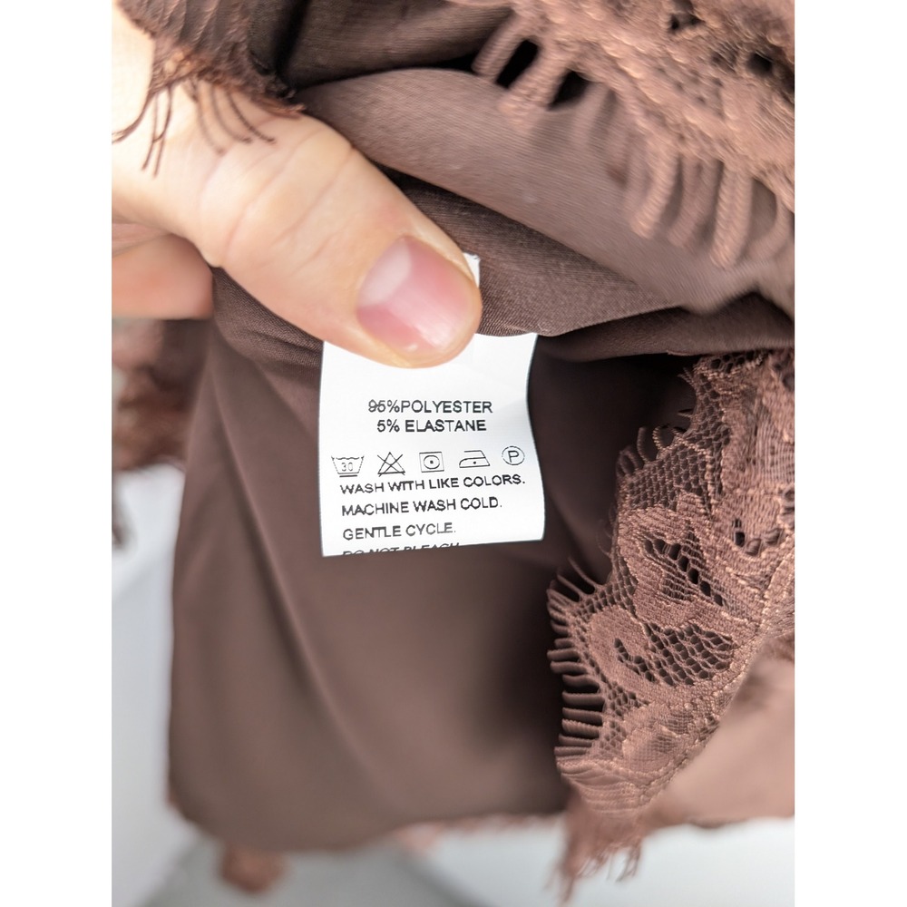 Asymmetrical Satin Lace Babydoll Slip Dress Sz S Chocolate Brown Fairy Indie Y2K - Picture 8 of 9